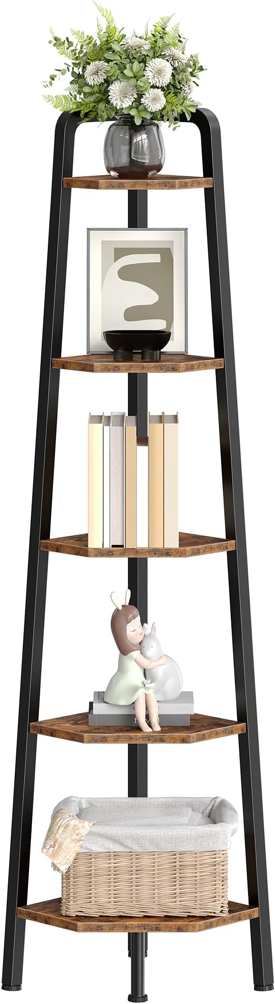 Corner Shelf, 5-Tier Ladder Corner Shelf, Ladder Bookshelf, 59.6" Tall Vertical Display Stand, Metal Frame Bookshelf, for Living Room, Bedroom, Kitchen, Rustic Brown and Black TCJ20BF