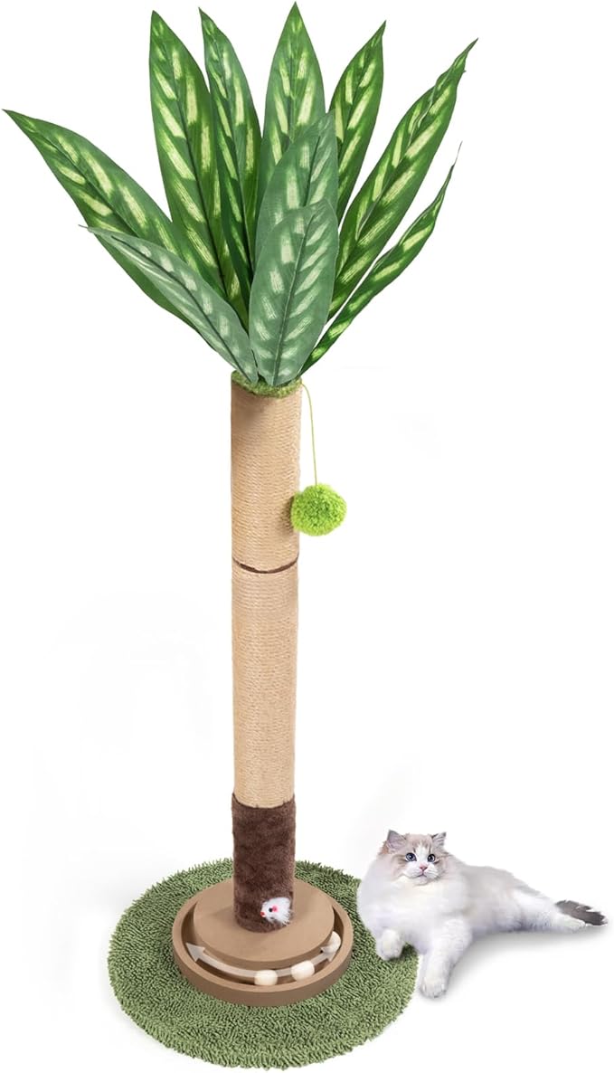 Cat Scratching Post, 35 Inch Tall Cat Scratcher Cat Tree Tower with Hanging Ball for Indoor Cats Adults,Sisal Rope Kitten Scratch with Interactive Mouse Cat Toy (41in, Peacock Plant Leaves)