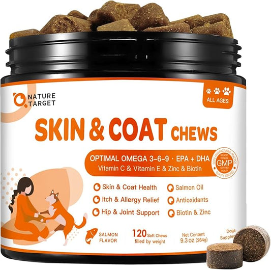 NATURE TARGET Omega 3 Fish Oil for Dogs, Salmon Oil Skin and Coat Supplement for Dogs Itchy Skin Relief with Omega 3-6-9 (EPA & DHA), Zinc, Biotin and Vitamin E & C - 120 Salmon Flavored Soft Chews