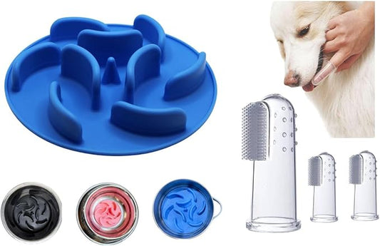 Slow Feeder Insert for Dog Bowl with Suction Cups – Anti-Choke Silicone Design Fits Most Dog Bowls – Includes 3 Finger Toothbrushes for Puppy & Pet Dental Care – Blue, Pink, Black Color