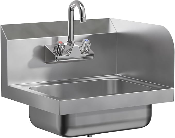Stainless Steel Hand Sink with Right Side Splash Guard 15” x 17” | Commercial Wall Mount Hand Basin with Gooseneck Faucet, Strainer, Back Splash | NSF Certified