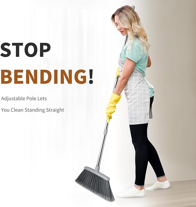 Broom, Outdoor Brooms for Sweeping Indoor, Adjustable 55" Pet Hair Removal Heavy Duty Broom for Floors Home Kitchen Garage Commercial Patio Industrial Snow (Grey 2 Pack and Black 1 Pack)