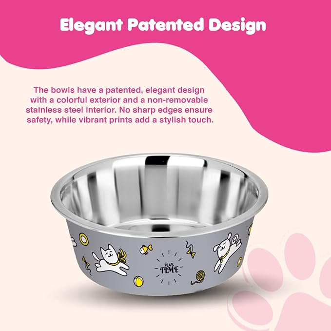 Stainless Steel Dog Bowls | Cat Bowls (Set of 1) - Anti Skid Dog Water Bowl | Cat Water Bowl - Dishwasher Safe - 25oz / 750ml – 15.4 cm (Rhino Gray Playtime Print)