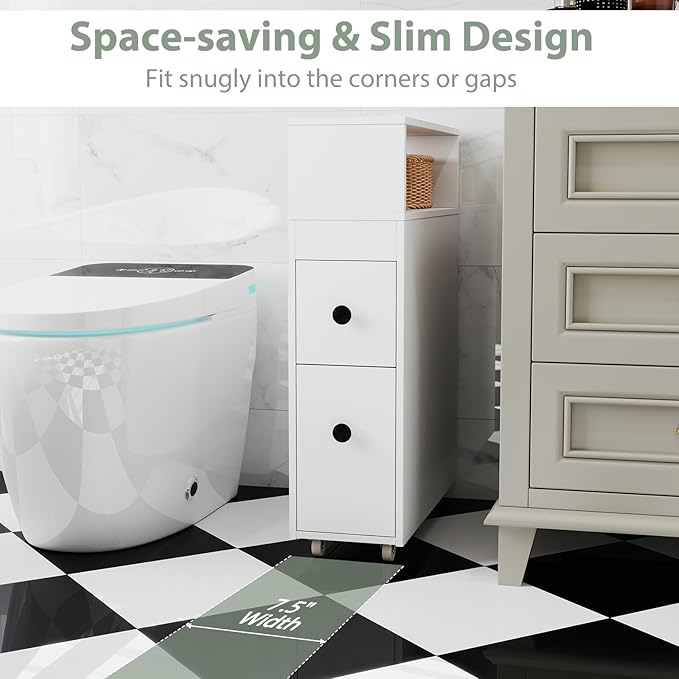 LOKO Slim Bathroom Storage Cabinet with Wheels, Narrow Toilet Side Cabinet with Drawers, Removable Storage Baskets, Toilet Brush Holder, Movable Bathroom Organizer or Skinny Corner, Narrow Spaces
