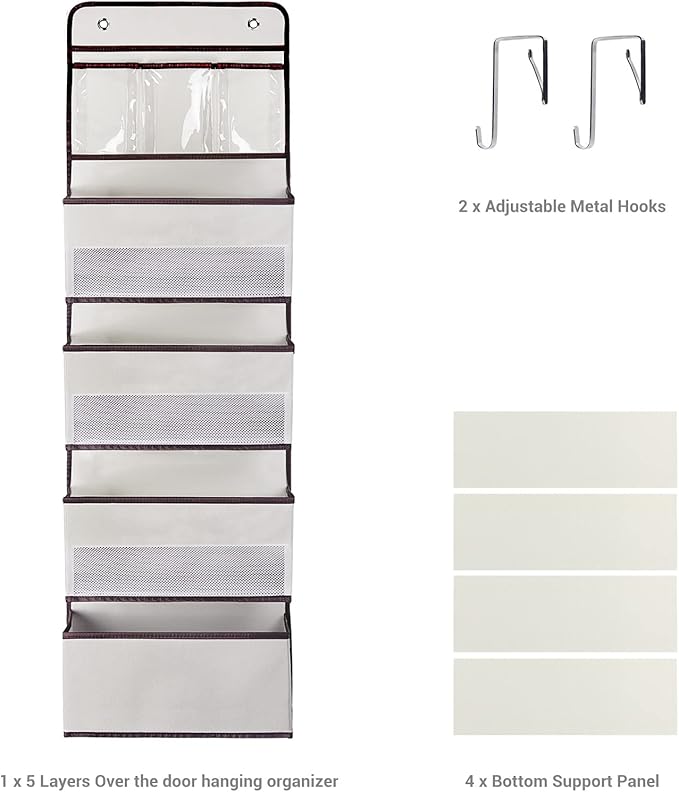 NesTidy Over The Door Organizer Storage, Wall Mount Hanging Organizer with 4 Large Capacity Pocket Organizers and 3 Small Pockets for Baby Essentials, Toys, Cosmetics, and Sundries (Beige, 1 Pack)