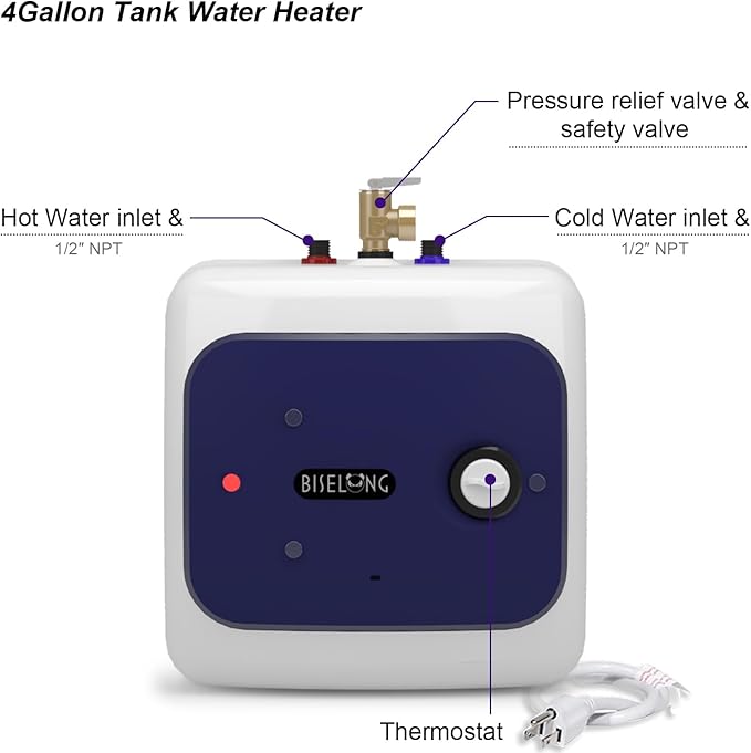 110V-120V 1500W Small Instant ElectricTank 4 Gallon Storage Hot Water Heater, Kitchen Under Sink Cabinet RV Trailer, Easy to Install,2 PCs 16” Long 1/2”FIP Stainless Steel Hose15L