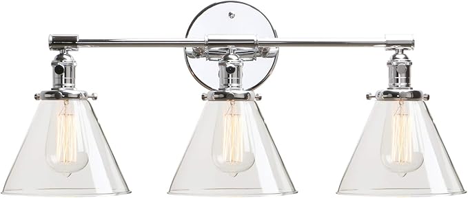 Permo Vintage Industrial Antique Three-Light Wall Sconces with Funnel Flared Clear Glass Shade (Chrome)