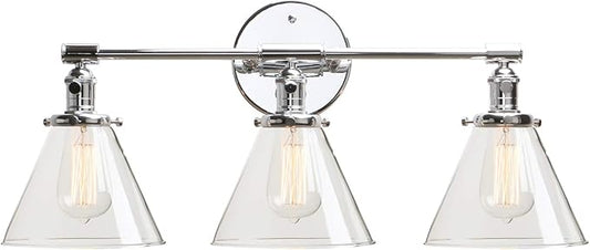 Permo Vintage Industrial Antique Three-Light Wall Sconces with Funnel Flared Clear Glass Shade (Chrome)