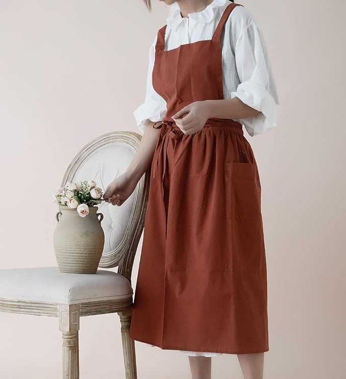 VLZUFE Women Cotton Linen Cross Back Apron with Pockets for Gardening Works Pinafore Dress