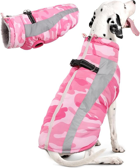 FUAMEY Dog Winter Jackets for Large Dogs,Dog Coat with Harness Built in,Waterproof Dogs Snowsuits Warm Pet Jacket Zip Up Fleece Cold Weather Coats Reflective Puppy Vest with Pocket Blue 3XL