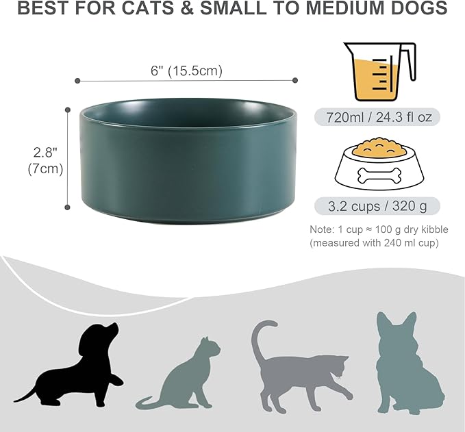 Ceramic Dog Bowl for Food and Water - Pet Feeder Bowl for Small to Medium Dogs and Large Cats - Heavy Ceramic Feeding Dish with Non Slip Base - Dishwasher & Microwave Safe - 6 Inch - 3.2 Cups - Green