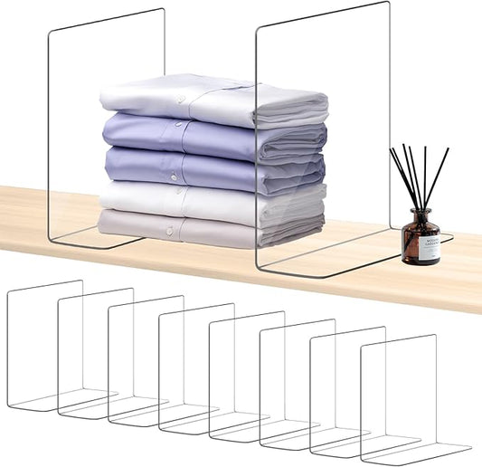 OKPOW Acrylic Shelf Dividers for Closet Organization: 10" Tall X 8.46" Deep Durable 8 Pack Clear Shelves Separators for Clothing Adjustable Purse Organizer