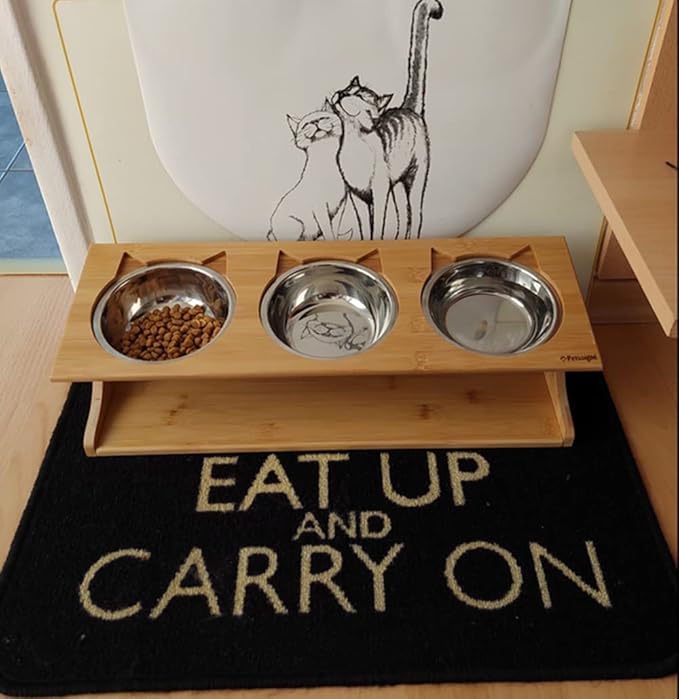 Cat Bowls Pet Dining Table with Raised Slope Wooden Stand Elevated Pet Bowls with Oblique Stand for Cats, Dogs, Kitten and Puppy (3 Bowls, Steel)