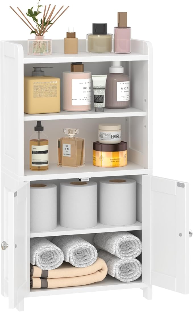 Small Bathroom Storage Cabinet, 30" Tall Freestanding Corner Floor Cabinet with Opposite Doors & 5 Shelves (2 Adjustable), Narrow Toilet Paper Holder Organizer for Small Spaces, White