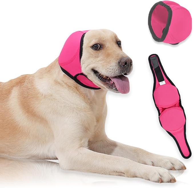 Dog Calming Hoodie,3-Layer Dog Ear Muffs Noise Protection,Anxiety Relief Quiet Ears for Dogs,Adjustable Shower Cap Pet Ear Covers for Bath,Grooming,Swimming(Fuchsia,L)