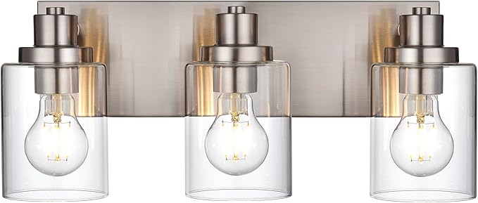 3 Light Bathroom Vanity Light - Brushed Nickel, Modern Farmhouse Style with Clear Glass Shade, Over Mirror Lighting Fixture