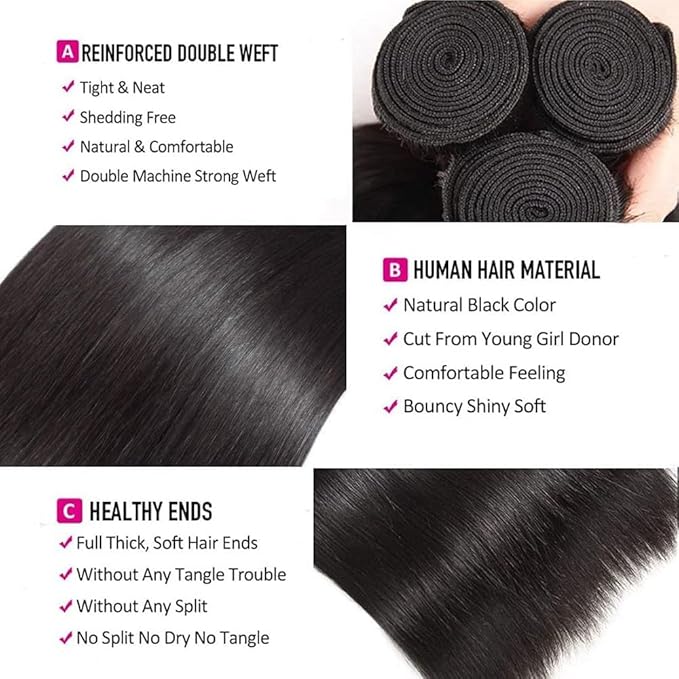 Selina Hair Straight 3 Bundles Human Hair 16 18 20 Inch with 4x4 Lace Closure Human Hair 14 Inch, 100% Unprocessed Brazilian Virgin Hair Extension for Women Natural Black(16 18 20 + 14" Closure)