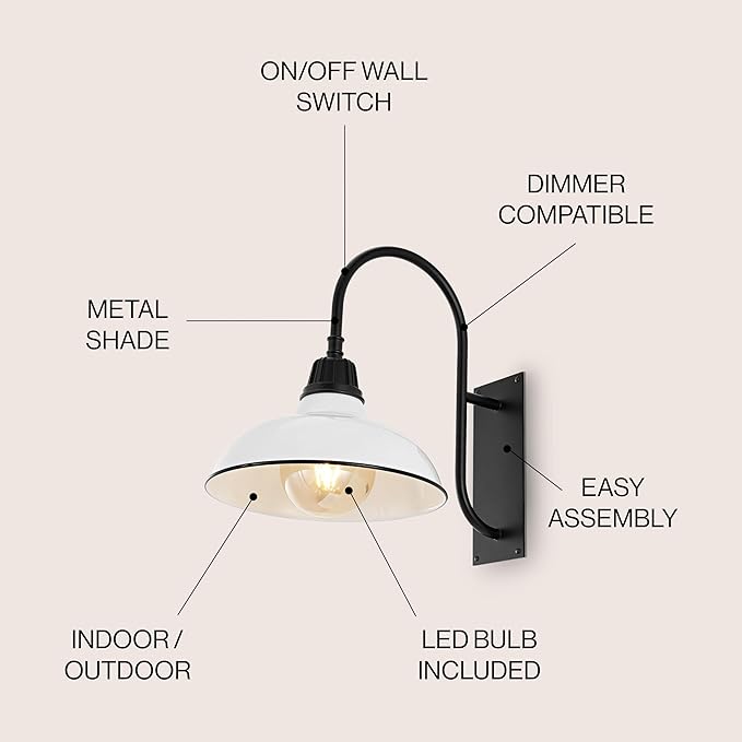 JONATHAN Y JYL7614A Stanley 12.25" 1-Light Farmhouse Industrial Indoor/Outdoor Iron LED Gooseneck Arm Outdoor Sconce Metal Bowl Shade Vintage Cottage Rustic Porch Patio Yard Barn, White