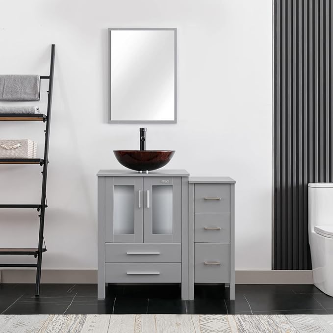 eclife 36" Modern Bathroom Vanity Sink Combo Freestanding Cabinet with Small Side Cabinet, Brown Round Glass Vessel Sink, Water Save Faucet, Drain (Gray+A09)