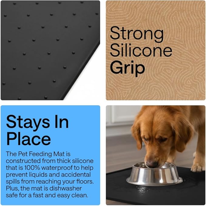 GORILLA GRIP 100% Waterproof Raised Edge BPA Free Silicone Pet Feeding Mat, Dog Cat Food Mats Contain Spills Protects Floors, Placemats for Cats and Dogs Water Bowl, Pets Accessories 18.5x11.5 Black