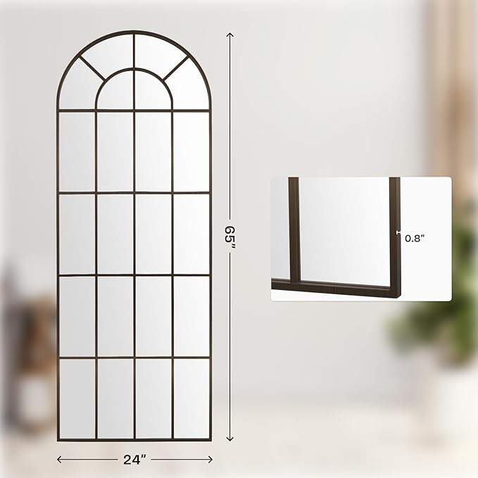 Arched Windowpane Mirror Full Length 65"x24" Wall Mounted Bronze Art Pane Farmhouse Decorative Floor Mirror Leaning Hanging Wall Mirror for Bedroom Living Room Entrance