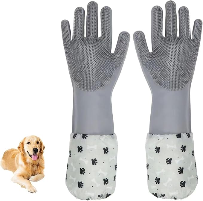Dog Washing Gloves- Long Sleeved Pet Grooming Gloves - Heat Resistant Silicone Gloves with High-Density Teeth - Efficient Deshedding Glove for Dogs, Cats, Rabbits and Horses