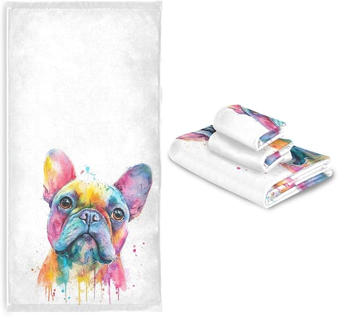 Pfrewn French Bulldog Puppy Towels Set of 3 Watercolor Dog Colorful Art Bathroom Towel Soft Absorbent Bath Hand Towels Washcloth Guest Towel Sets Bathroom Decorations
