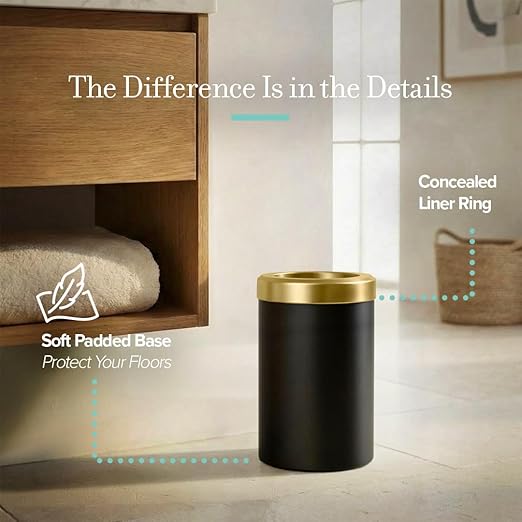 Gatco Small Bathroom Trash Can with Lid, Round 3 Gallon Stainless Steel Wastebasket, Under Sink, Matte Black and Brushed Brass, for Bathroom, Bedroom, Office (1930)
