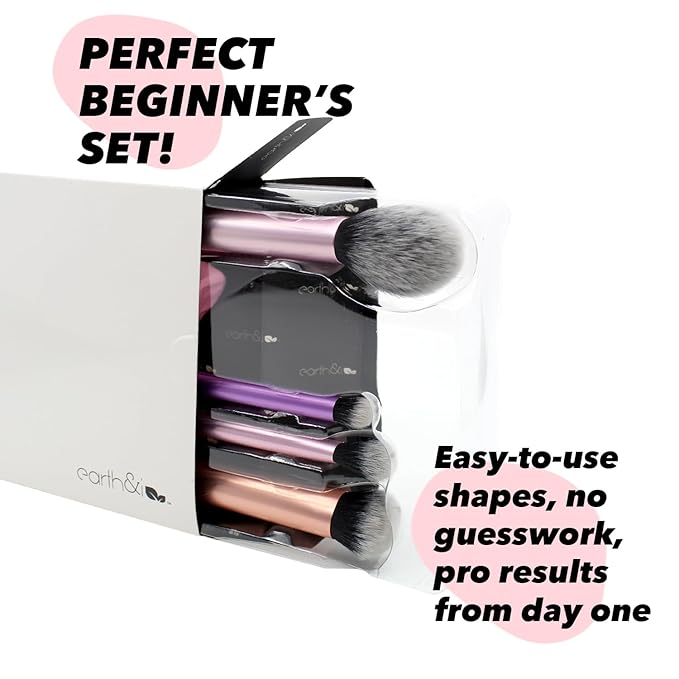 Earth & I Complexion Perfection 5-Piece Set – 3 Pro Face Brushes + 1 Master Eye Blender + 1 Chiseled Sculpting Sponge – Metallic Sateen Pink & Rose Gold – Professional Airbrush Base Kit