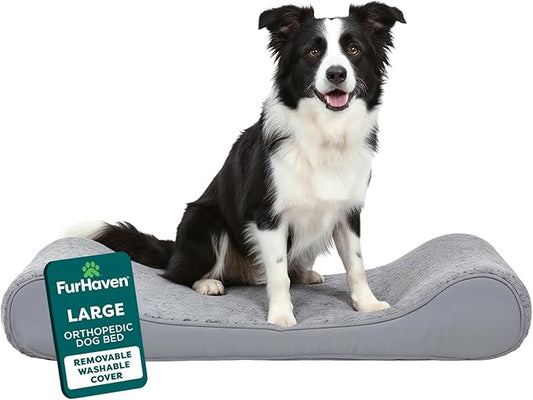 FurHaven Orthopedic Dog Bed for Large Dogs, Luxe Lounger Contour Mattress with Medical-Grade Solid Orthopedic Foam for Joint Support, Removable Washable Cover, Large, Plush Suede, Gray