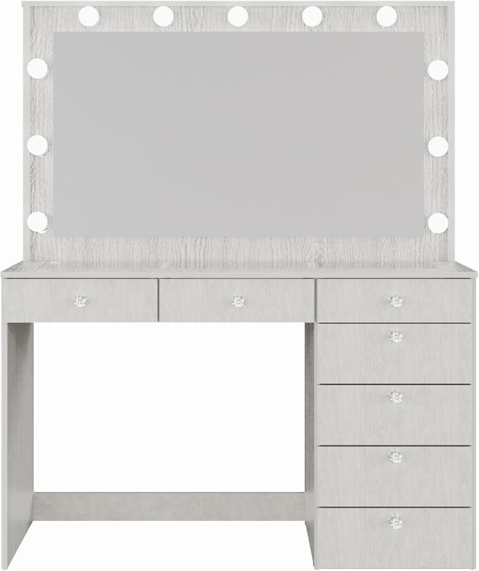 Boahaus Serena White Makeup Vanity with Mirror and 11 Lights, 7 Drawers, Glass Top, Crystal Knobs, USB-A & USB-C Ports, 110V Power Outlet, Bedroom Vanity Desk (Grey-1)
