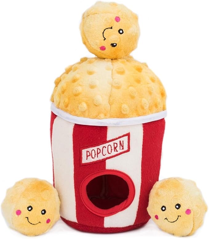 ZippyPaws Burrow- Interactive Dog & Puppy Toys for Boredom, Stimulating Pet Products to Keep Them Busy, Hide & Seek Plush Puzzles, Squeaky Toy for Enrichment, for Small & Medium Dogs- Popcorn Bucket
