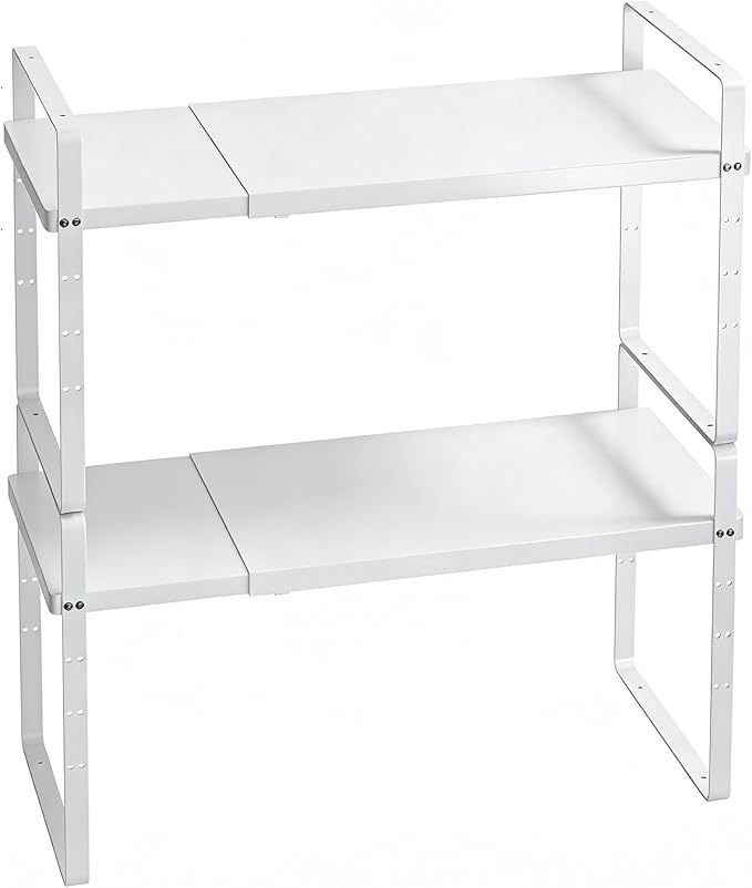 Expandable Cabinet Shelf Organizer, Stackable Kitchen Pantry Counter Storage, Adjustable Closet Cupboard Stand Rack Risers Spice Organization 80LBS Heavy Duty White Large 2 Pack