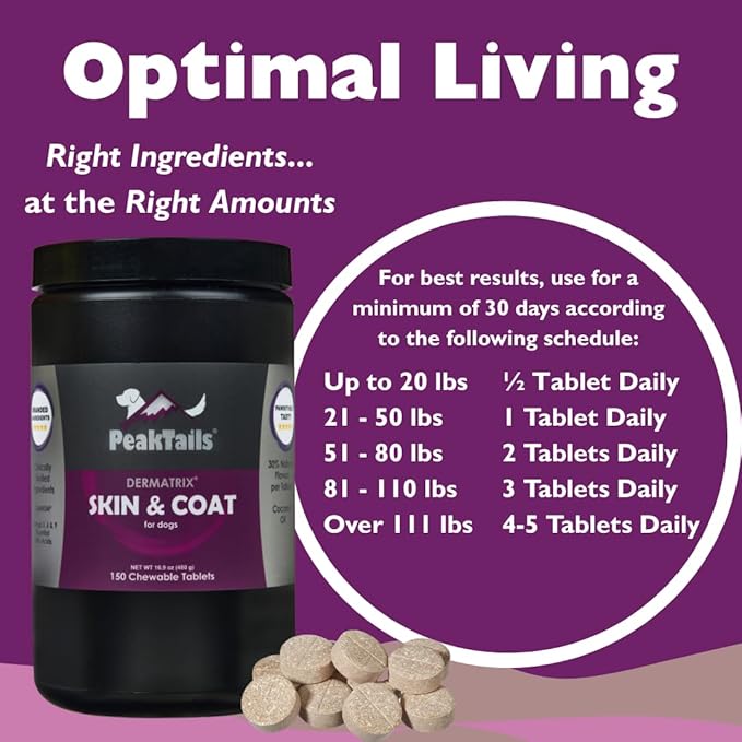 Kala Health PeakTails Skin & Coat Support for Dogs – 150 Chewable Tablets with MSM, Fish Oil, Omega-3 & Omega-6 – Supports Healthy Skin, Shiny Coat