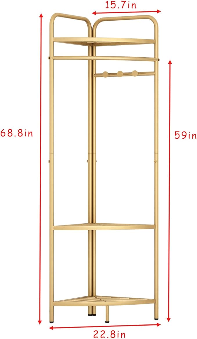 Corner Gold Clothing Racks Freestanding, Gold Metal Coat Racks with Hooks, Heavy Duty Modern Clothes Rack with 3 Tier Storage Shelves for Home,Bedroom,Living Room