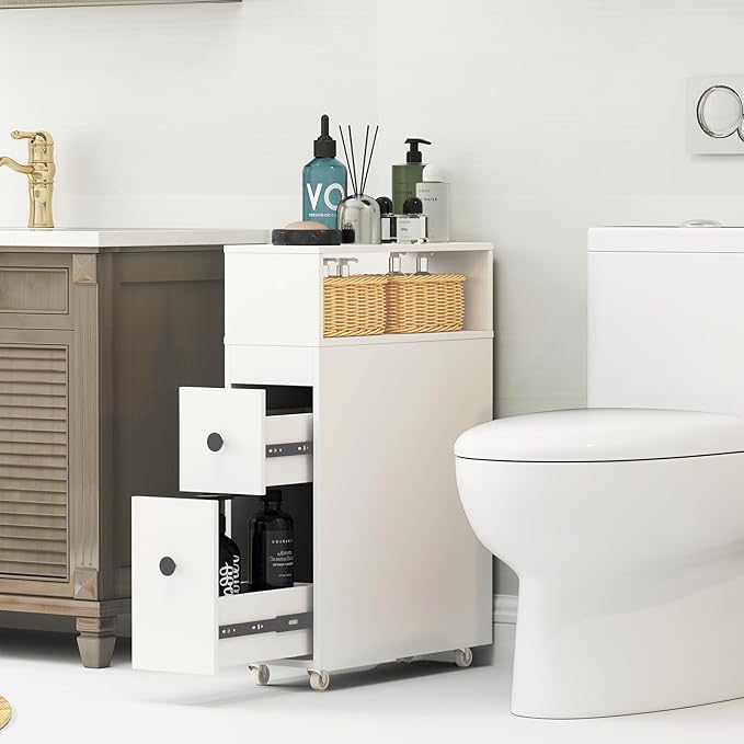 Tangkula Slim Bathroom Storage Cabinet, Movable Narrow Toilet Side Cabinet w/2 Slide Out Drawers, 2 Rattan Baskets & Shelves, Toilet Paper Holder on Wheels for Small Spaces