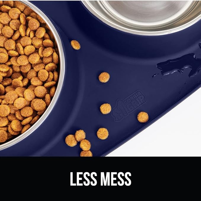 GORILLA GRIP Feeding Mat Bowl Set, 3 Cup 100% Waterproof BPA Free Silicone, 304 Stainless Steel Cat and Dog Bowls for Food and Water, Slip Resistant, High Edge, US Designed, Patent Pending, Navy Blue