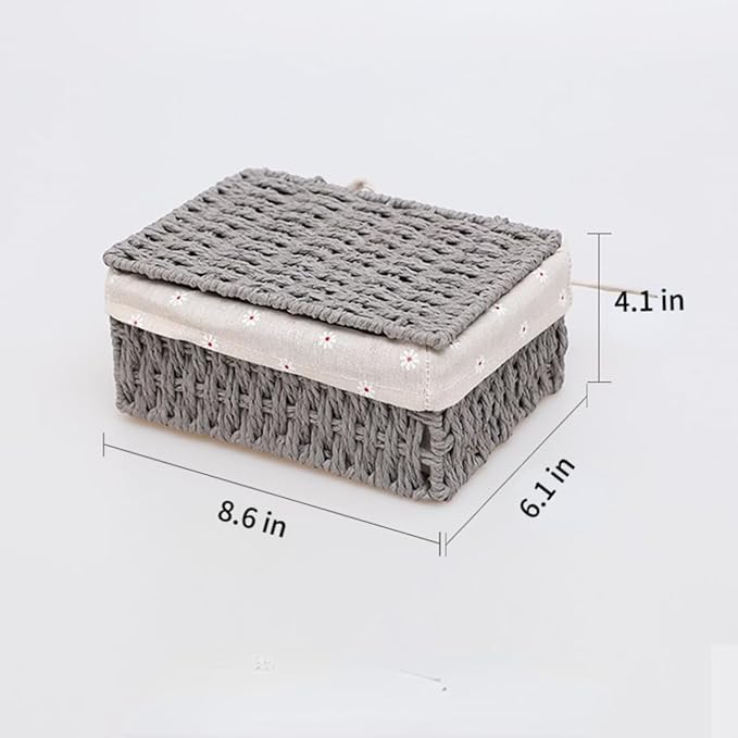 Wicker Shelf Basket with Lid Paper Storage Baskets for Shelves Medium Storage Bin with Removable Liner Nesting Decorative Woven Basket for Makeup Closet Organizer (Medium, Grey)