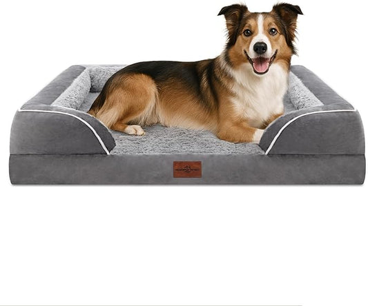 Comfort Expression Orthopedic Dog Bed for Large Dogs 38x25 Inch, Waterproof Supportive Egg Crate Foam Large Pet Bed with Removable Bolsters, Dog Couch with Washable Cover & Non-Slip Bottom, Grey