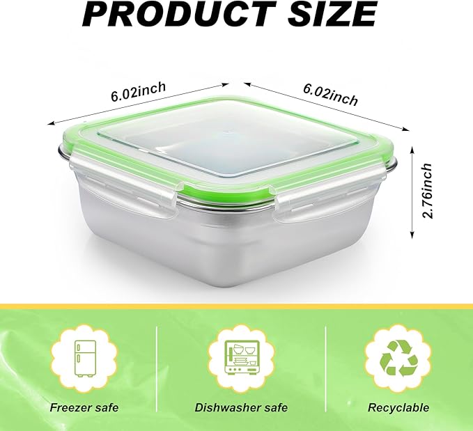 8 Pack Stainless Steel Sandwich Containers with Lids 25.4 oz Metal Food Container for Lunch Boxes with Airtight Silicone Seal for Sandwiches and Snacks (Green)