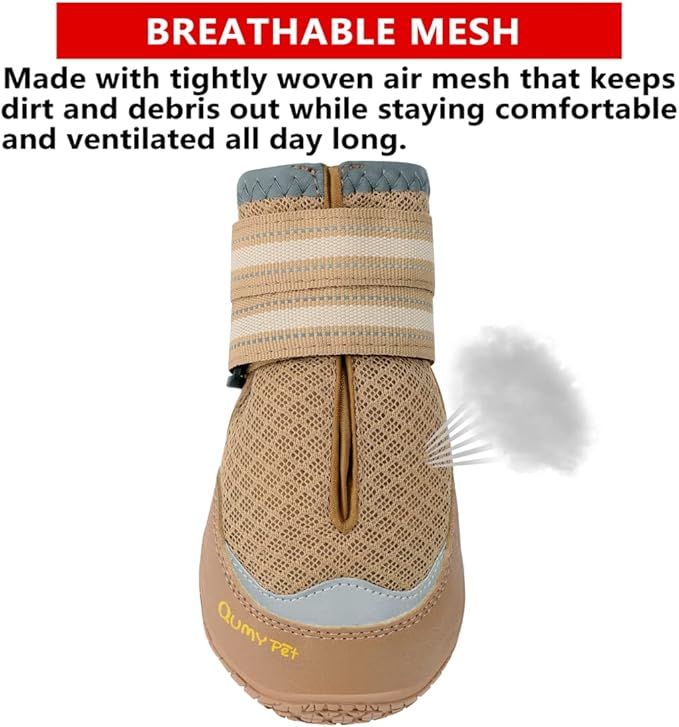 QUMY 4PCS Dog Boots for Large Dogs, Medium Dog Shoes & Paw Protectors for Hot Pavement, Summer Heat Protection, Mesh Breathable Nonslip Dog Booties for Hardfloors, Walking Running Hiking Khaki Size 5
