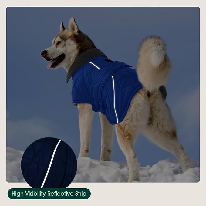 Kuoser Dog Winter Coat Waterproof Dog Snow Jacket, Warm Fleece Lined Pet Turtleneck Snowsuit Puppy Cold Weather Coats with Harness Hole, Adjustable Winter Vest for Medium Large Dogs, Blue, L