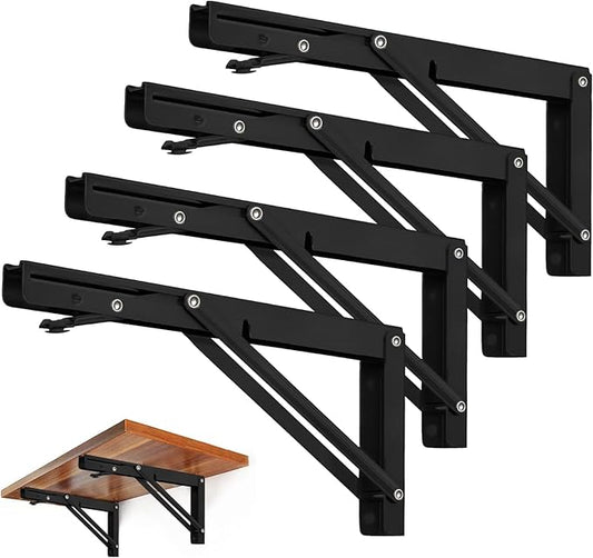 Storystore Folding Shelf Brackets - 14 Inch Heavy Duty Metal Collapsible Shelf Bracket for Bench Table, Shelf Hinge Wall Mounted Space Saving DIY Bracket, Max Load: 150 lb (4 PCS, Black)