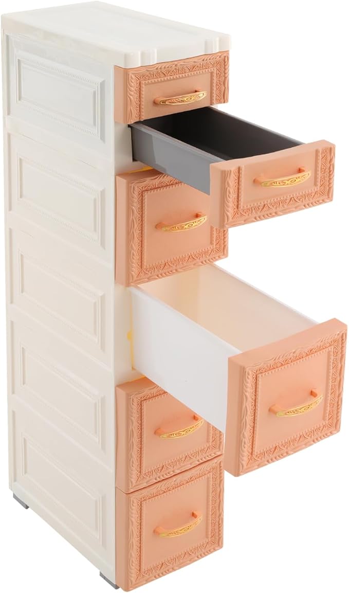 6 Drawers Narrow Plastic Bathroom Storage Cabinet with Wheels Slim Storage Organizer Vertical Storage Tower Container for Small Spaces, Bedroom, Bathroom, Laundry, Closet, Khaki
