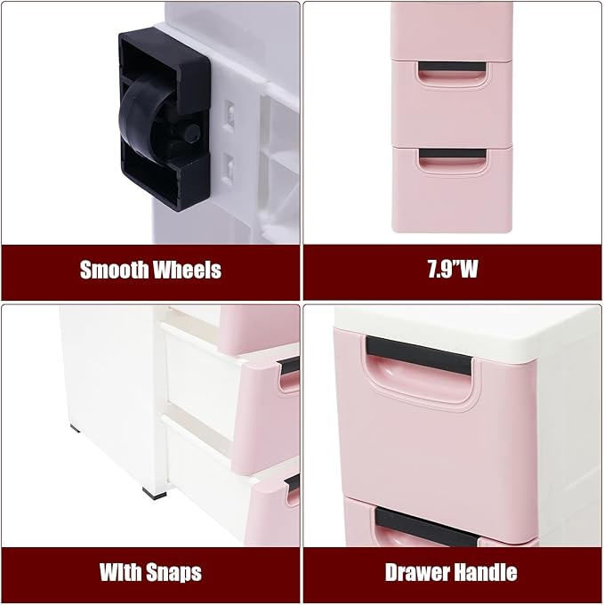 6 Drawers Narrow Slim Plastic Storage Cabinet,Storage Drawer with Wheels,6 Tier Drawers Dresser,Rolling Narrow Cabinet for Small Spaces Bathroom Kitchen Bedroom Living Room,Pink