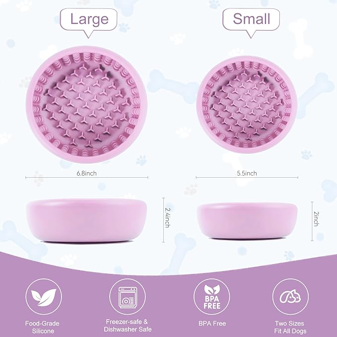 Dog Lick Bowl, Anxiety Relief Slow Feeder Lick Mat for Dogs, Non-Slip Freeze Licking Bowls Enrichment Puzzle Pet Feeding Treat Dispenser for Distraction, Silicone Lick Pads for All Dogs(Purple, Small)