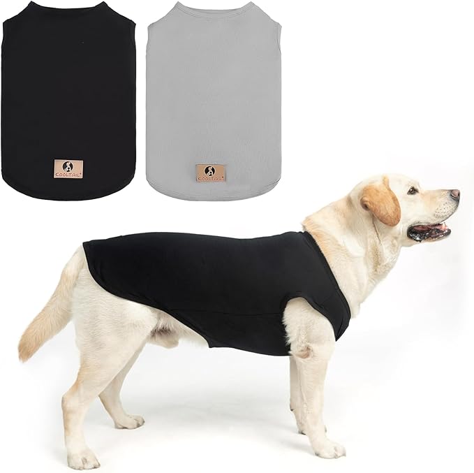 KOOLTAIL Boy Dog Clothes for Large Dogs, 2 Pack Cotton Fall/Winter Warm Dog T Shirts Coats for Outdoor, UV & Insect Protection Anti-Hair Loss & Lightweight Pet Vest Tank Tops Apparel, Black & Grey,L