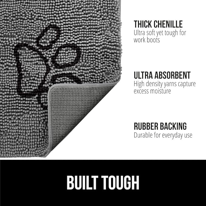 GORILLA GRIP SoakSTOPPER Dog Door Mat, Machine Washable Rug Absorbent Doormat Captures Moisture Mud Dirt, Quick Dry Soft Chenille Entryway Rugs Indoor Entrance Mats for Dog Paws, 24x17 Paw Grey