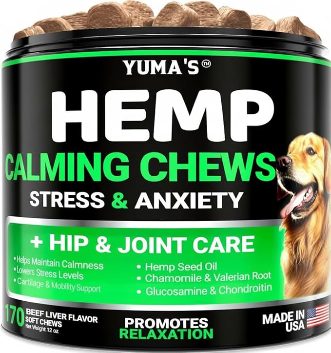 Hemp Calming Chews for Dogs - Advanced Dog Calming Chews - 170 Treats - Anxiety Relief Treats - Hemp Oil - Separation Aid, Stress, Hip and Joint Supplement for Canine Health Support - Beef Flavor