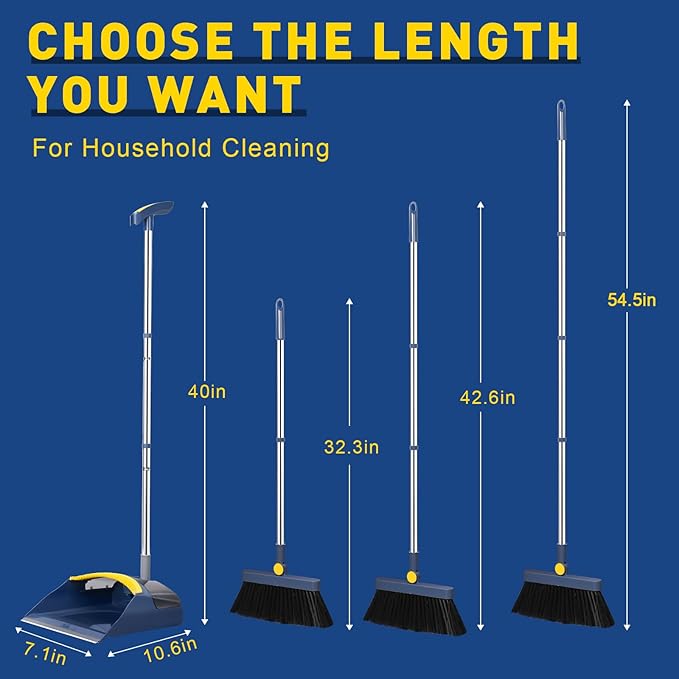Broom with Dustpan Combo Set, 55" Long Adjustable Handle Broom and Dustpan Set Pet Hair Removal Broom with Dustpan Teeth to Clean Hair Suitable for Home Kitchen Office Hall Floor(Blue)